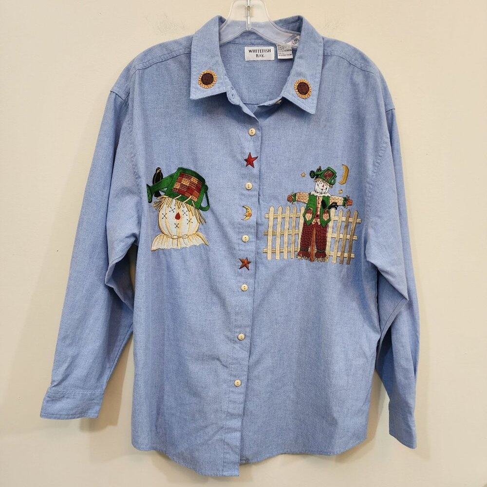 Whitefish Bay Vtg button front scarecrow Sunflower Embroidered shirt Woman Sz L